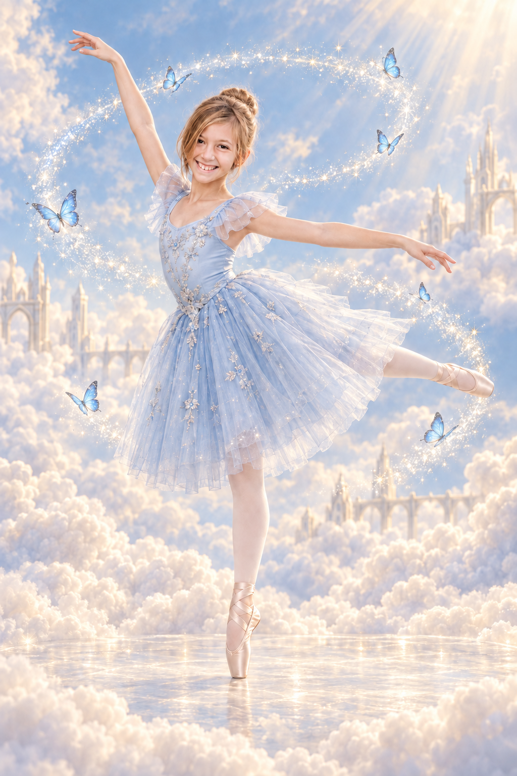 A fantasy portrait inspired by Liv, dancing en pointe above soft white clouds.