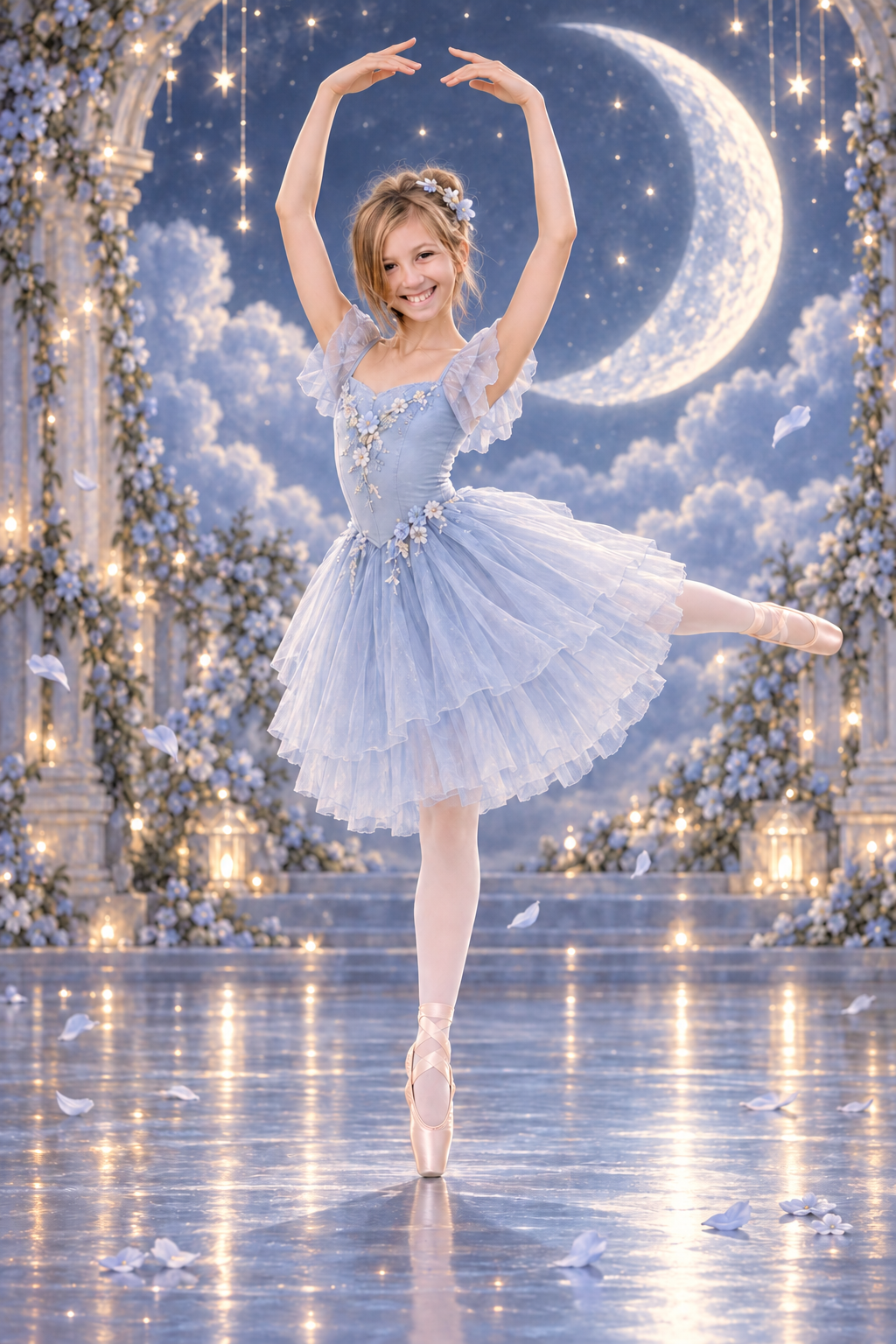 A fantasy portrait of Liv dancing en pointe in a light-blue dress on a moonlit stage.